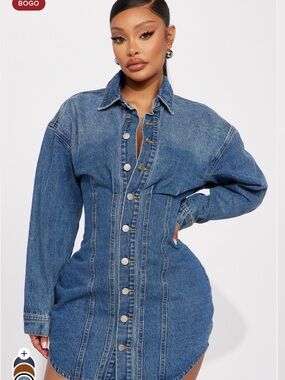 Fashion Nova Medium Blue Denim Button-Front Long Sleeve Mini Dress